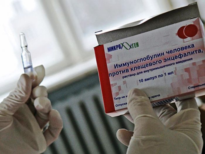 אמפולה עם אימונוגלובולין נגד דלקת המוח וקופסה המכילה אותו בידיים