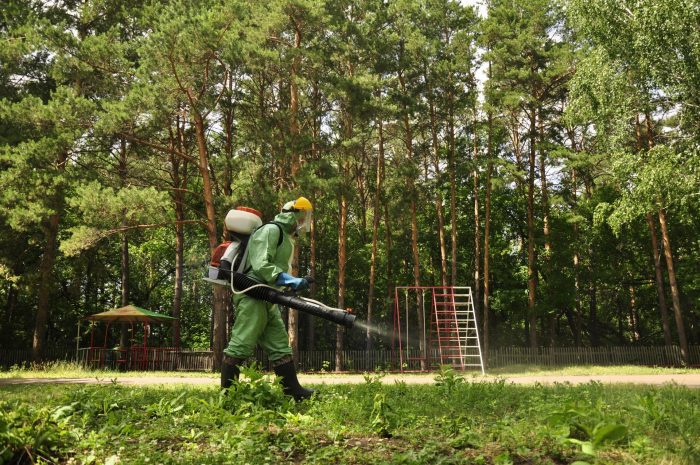 אדם בלבוש מגן שעובד עם תכשירים קוטלי אקריטים
